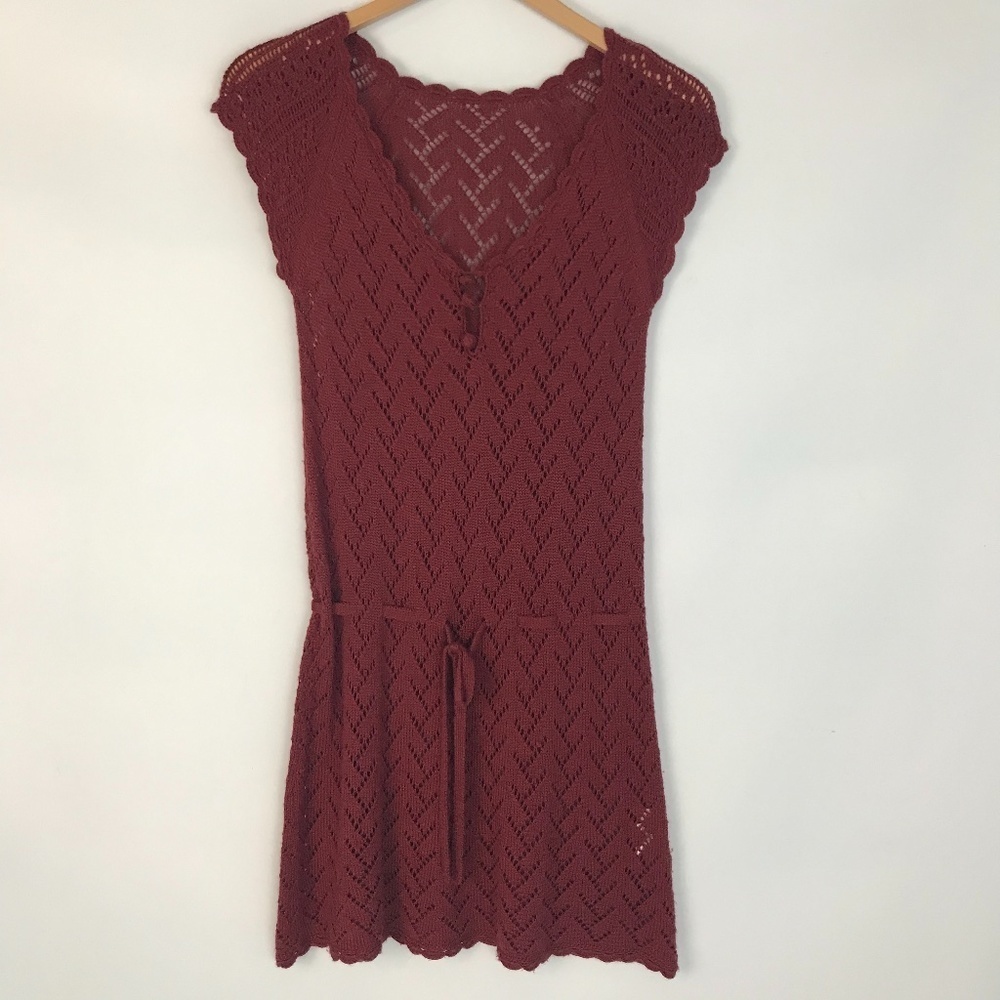 Gaminerie burgundy short sleeve crochet tunic sweater S-M